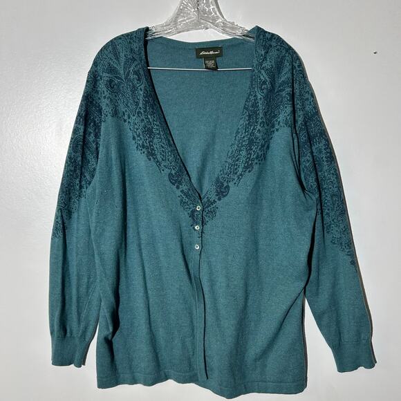 Vintage Eddie Bauer Fall Theme Print Teal Button Up Cardigan Sweater Womans XXL - Picture 1 of 7